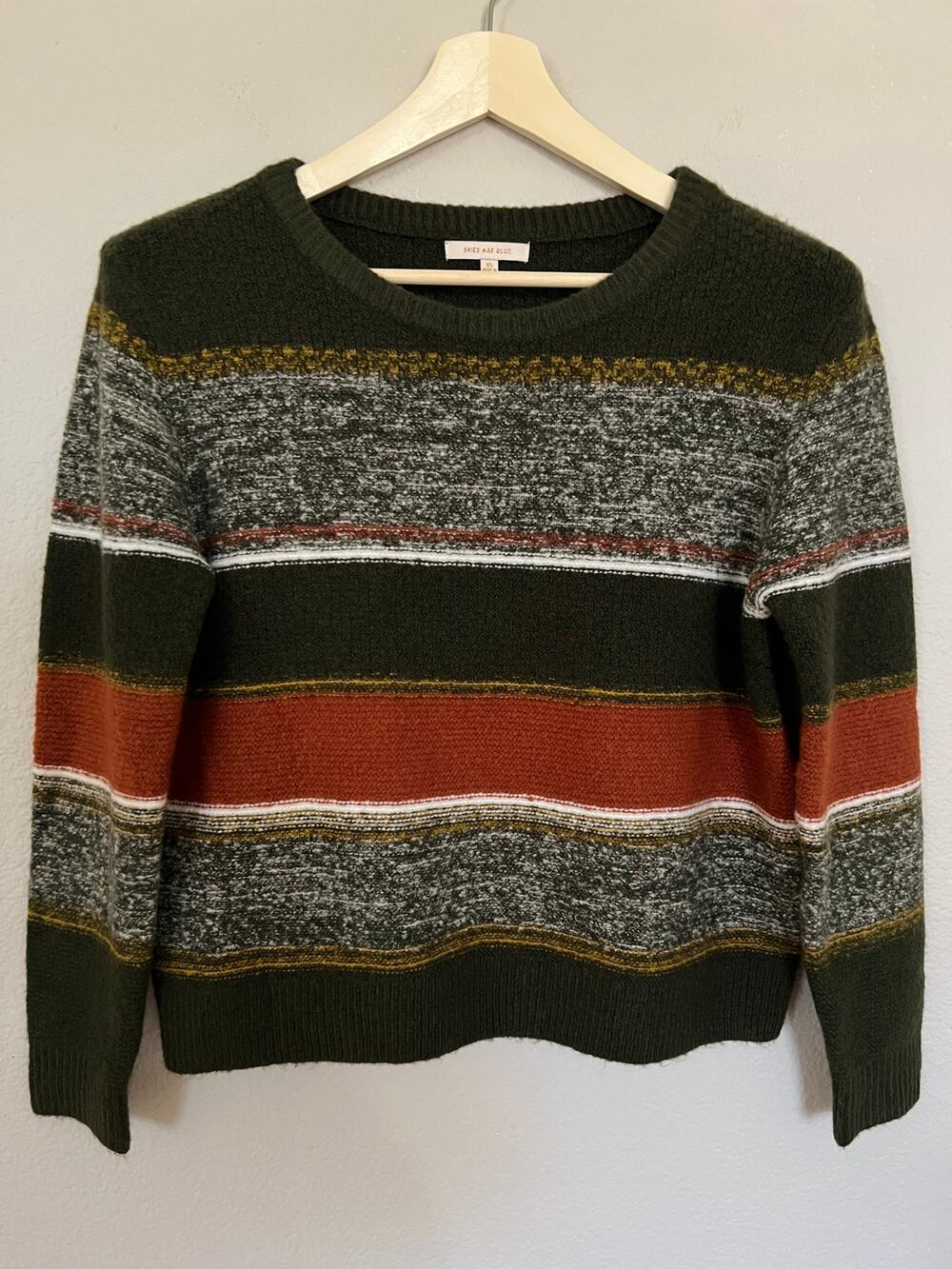 Skies Are Blue Sweater Dark Green with Charcoal and Copper Stripes Sz XS